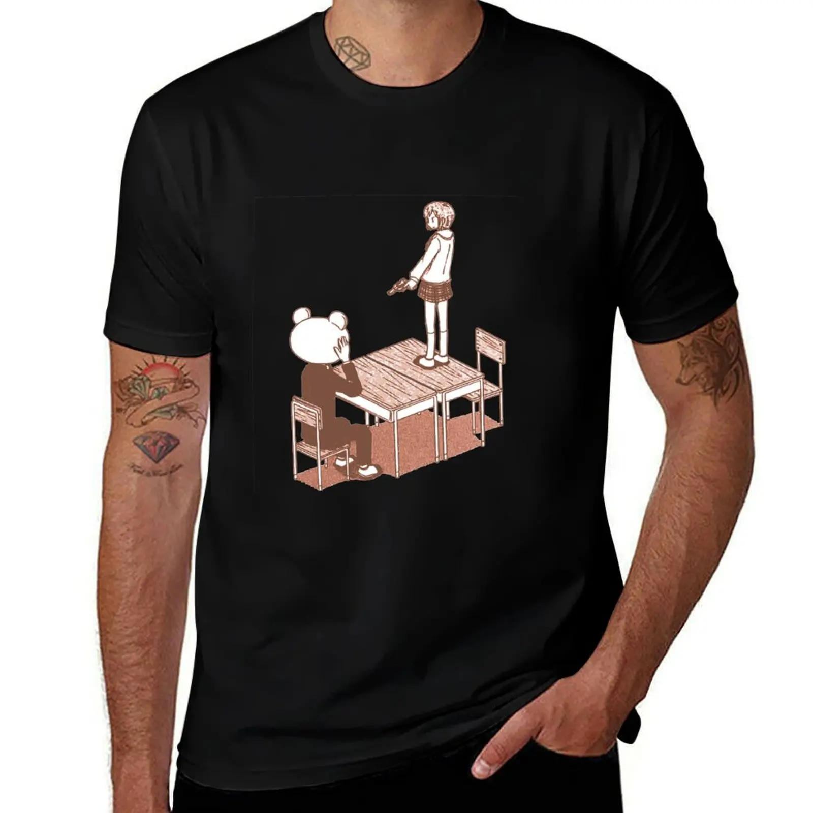 Nichijou - Tachibana Aiming Revolver at Sasahara While Standing on Desk T-Shirt korean fashion custom shirt sweat Men's clothing