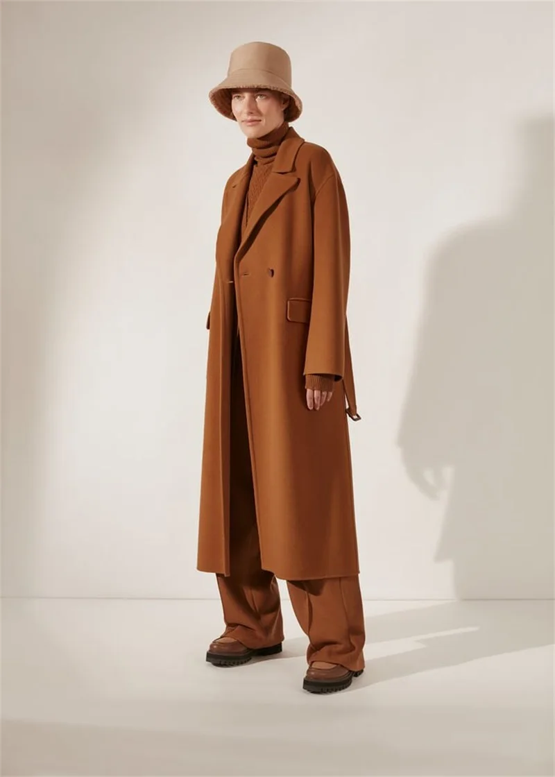 Costume Long en cachemire pour femmes, manteau Blazer avec ceinture, Trench-Coat en laine, veste large, cravate à la taille, tenue sur mesure