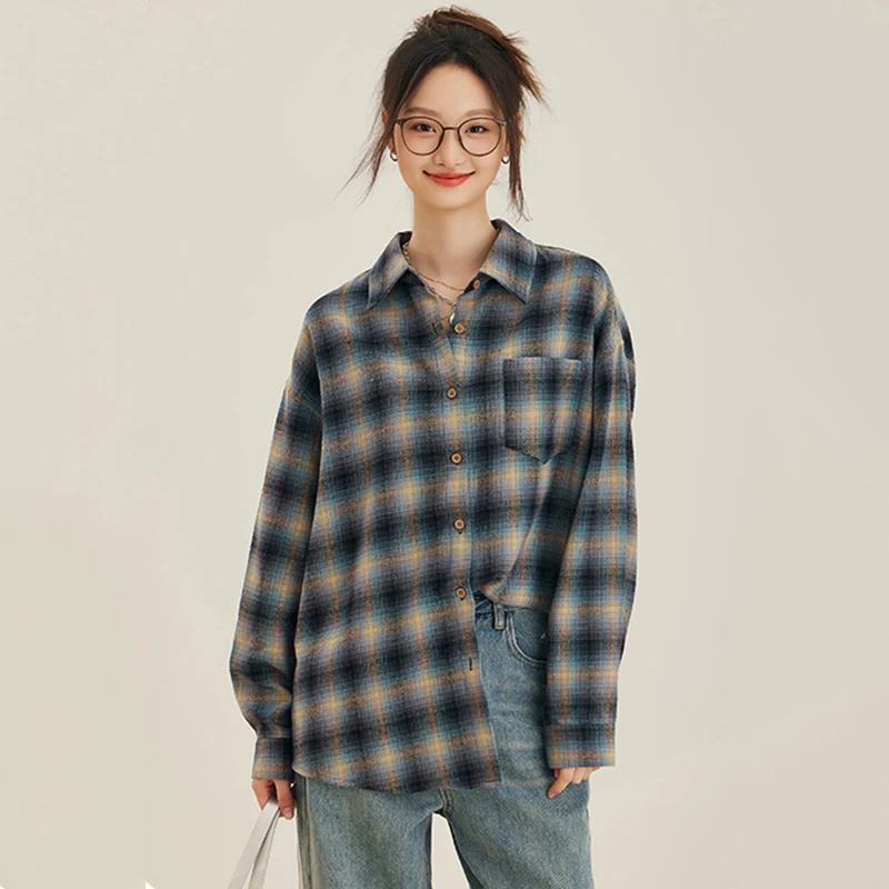 Nueva Mujer Primavera Otoño Algodón Plaid Camisa Moda cuello vuelto manga suelta Tops Vintage Casual Café Camisa a cuadros