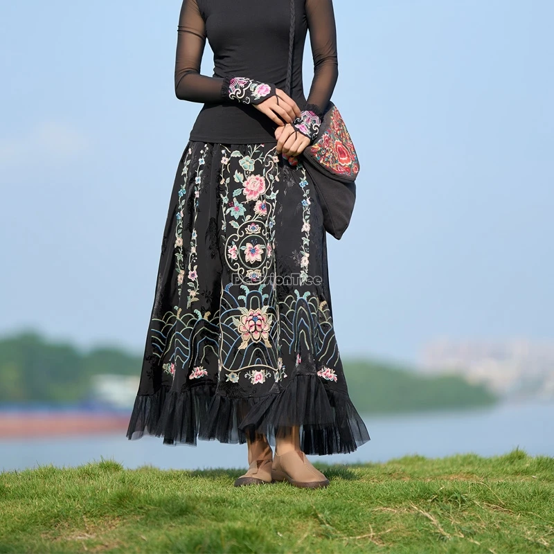 

2025 autumn chinese national style hanlf half skirt daily improved black patchwork design jacquard yarn a-line half skirt t001