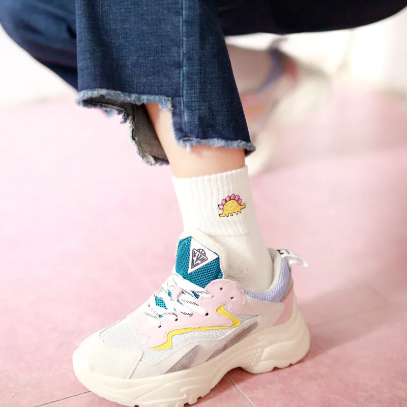 Cute Women Embroidery Dinosaur Socks white Lovely Cartoon Animal Vintage Short Socks Novelty Crazy Funny Cozy Sock Funky image 2