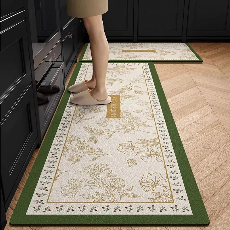 

Kitchen Rug Pvc Waterproof Leather Carpet Green Flower Long Floor Mat Non-slip Oil-proof American Style Home Decoration Rugs
