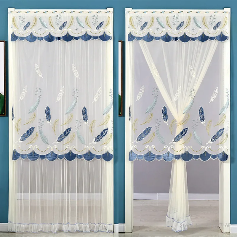 Lace Embroidered Door Curtain, Punch-free Mosquito Screen Curtain, Breathable Bedroom Partition Curtain, Double Layer