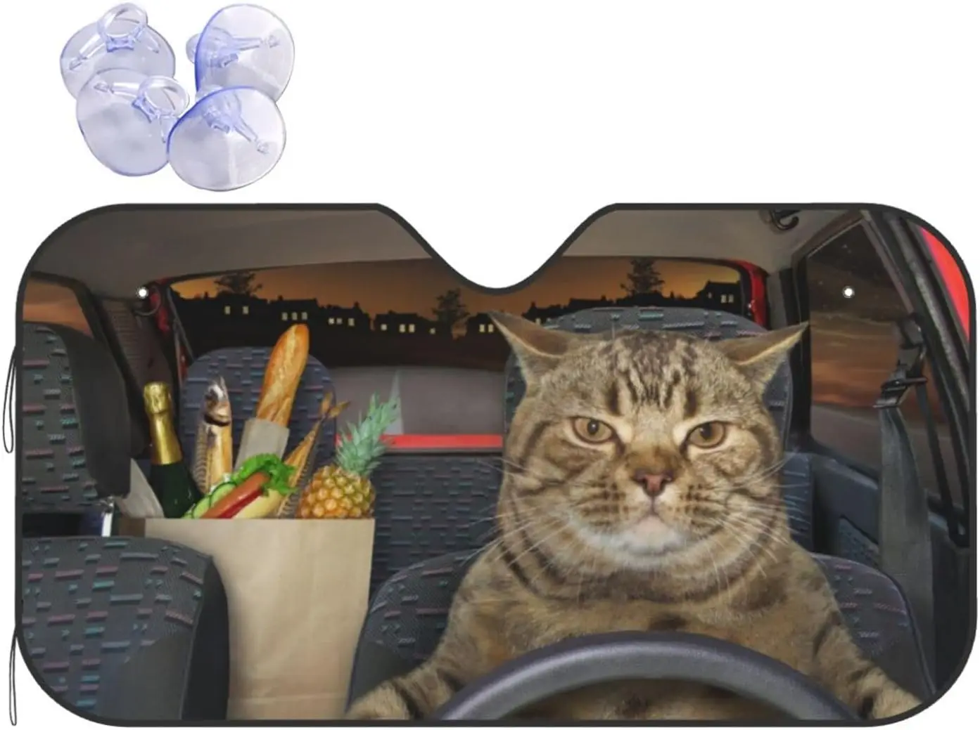 

Funny Cat With Food Driving Car Front Windshield Sun Sha, Universal Fit Windshield Sunsha For Car Truck SUV - Foldable Uv Ra