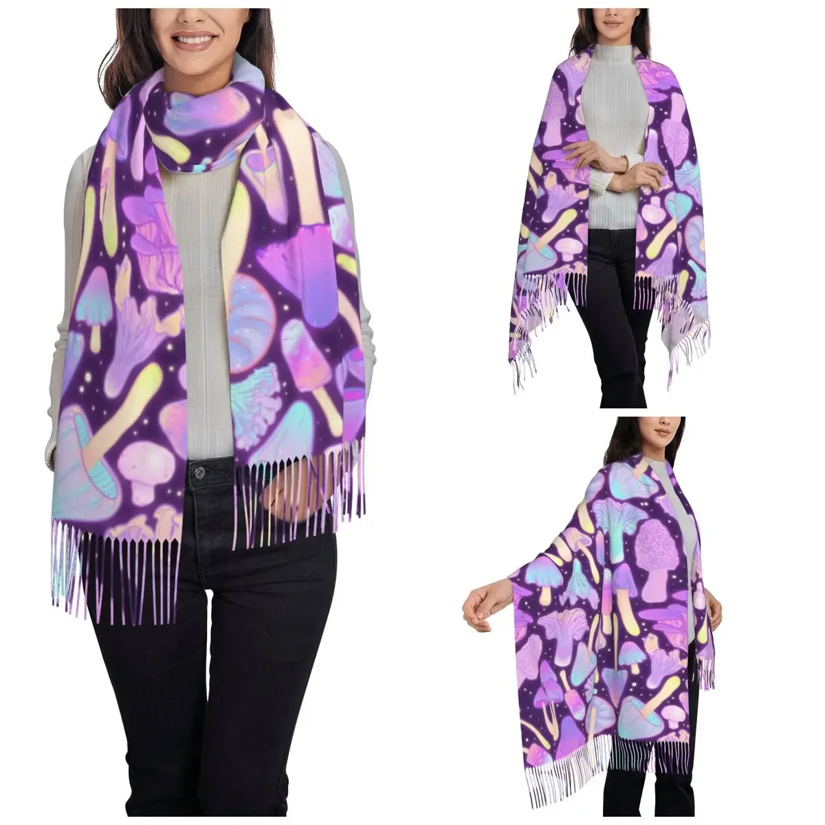 Psychedelic Mushroom Shawls Wraps for Women Warm Large Long Scarf Pashminas Tassel Scarves