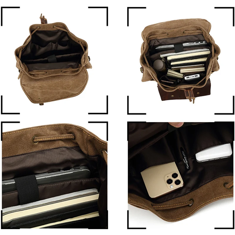 Spacious Drawstring Flap Rucksack Double Shoulder Bag Vintage Brown Canvas Backpack with Genuine Crazy Horse Leather Trim