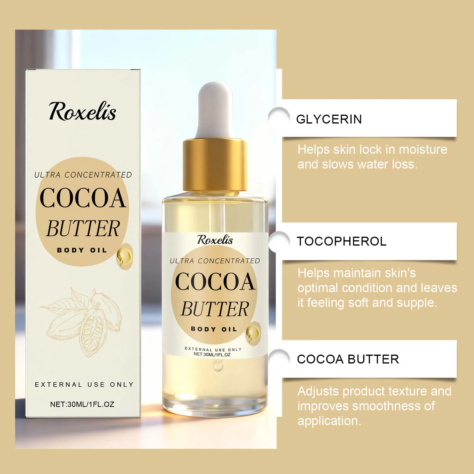 زيت الجسم بزبدة الكاكاو - زيت مغذي مرطب يدوم طويلاً لجميع أنواع البشرة |   زيت الجسم الأساسي المرطب ذو العطر الغني