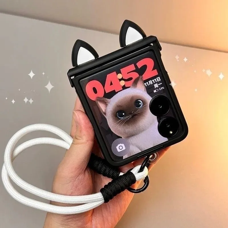 Korean Japan Cute Cat Ears Black Phone Case For Motorola Razr 60 50ultra Razr 40 Ultra For Samsung Galaxy Z Flip 7/6/5/4/3