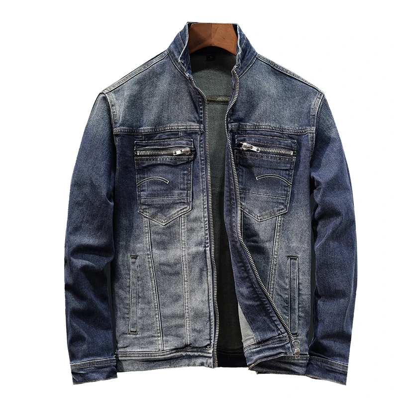 2024 new autumn and winter zipper pocket motorcycle denim jacket men's fashion brand nostalgic Slim retro jacket