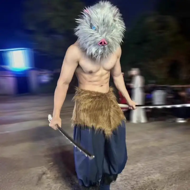 Demon Slayer Hashibira Inosuke Cosplay-Kostüm-Set Brauner Fellrock Blaue Weite Hose Anime-Party-Verkleidung für Männer und Frauen
