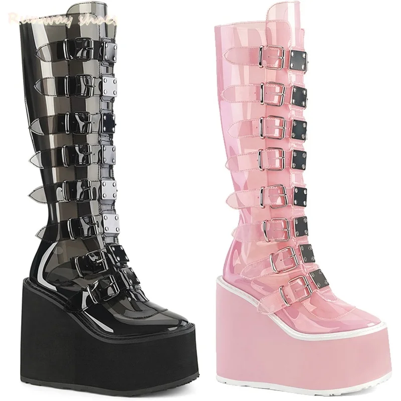 Pink Transparent Version Waterproof Platform Platform Boots Multiple Belt Buckle Decorations Comic Con Luxurious Knight Boots