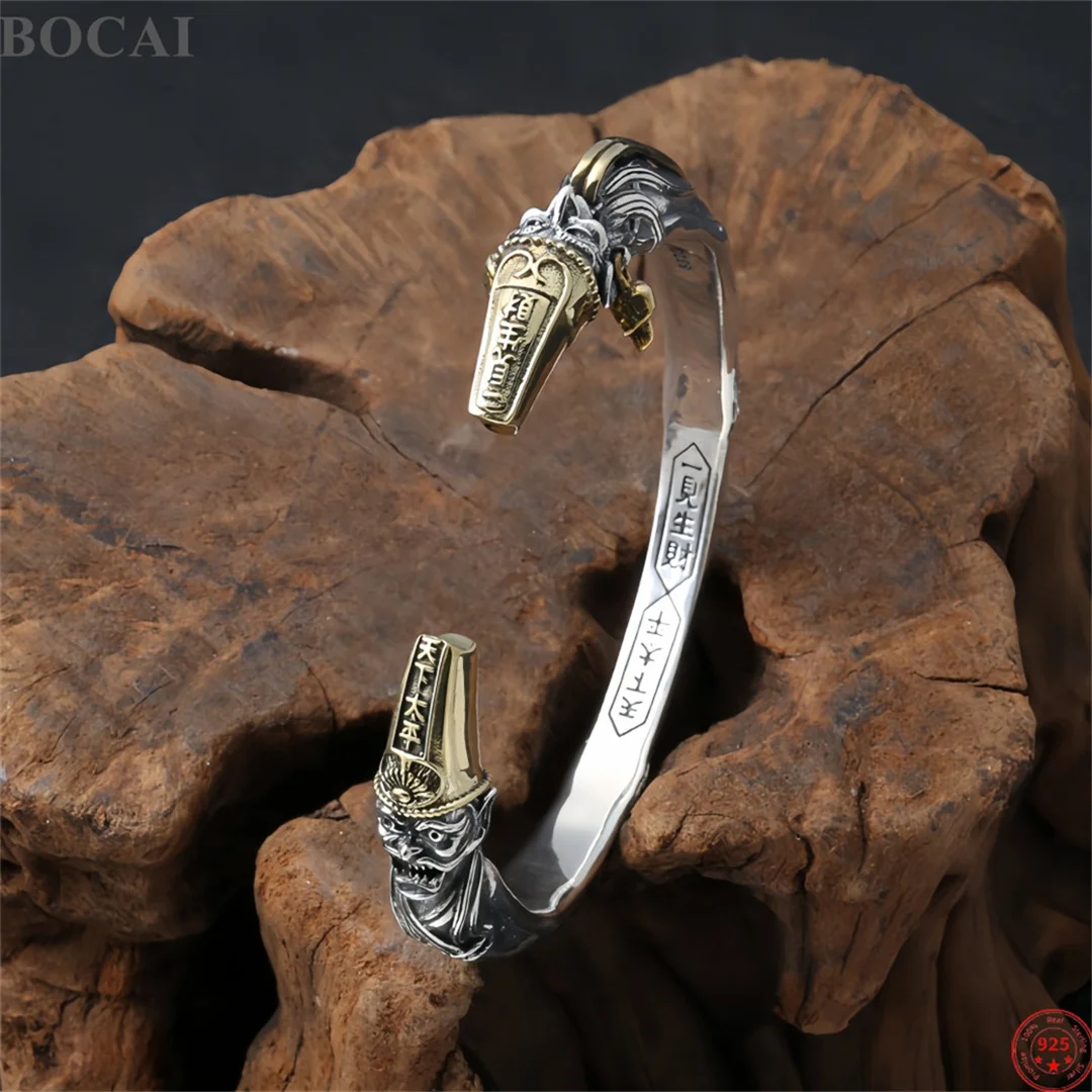 BOCAI S925 Sterling Silver Charms Bangle for Men Antique Black and White Guards or the Under World Bracelet Fine Choice Jewelry
