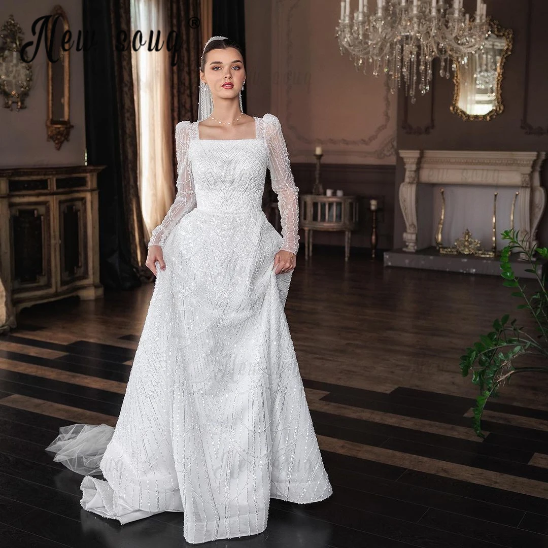 

High Quality Arabic Wedding Dress with Veil 2023 Luxury Women Full Beading Bridal Gowns Vestidos De Novias Sencllos Yelegantes