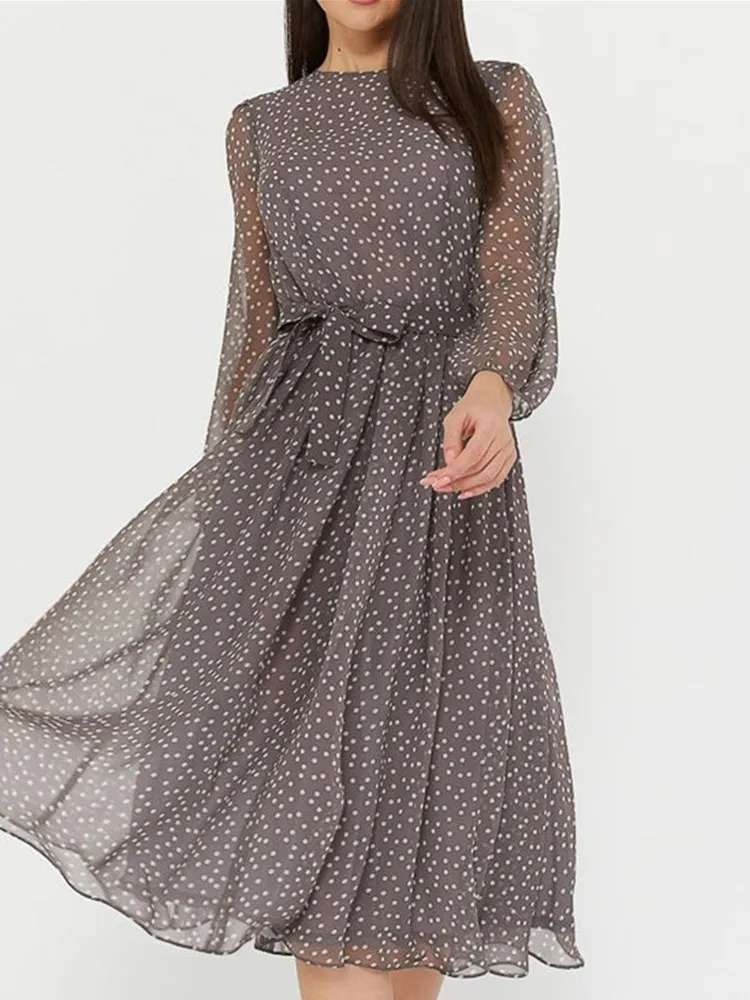 Spring Summer Women\'s Chiffon Dress Long Sleeves Round Neck Coffee Color Black Polka Dot Fashion Print Casual Comfortable Dress