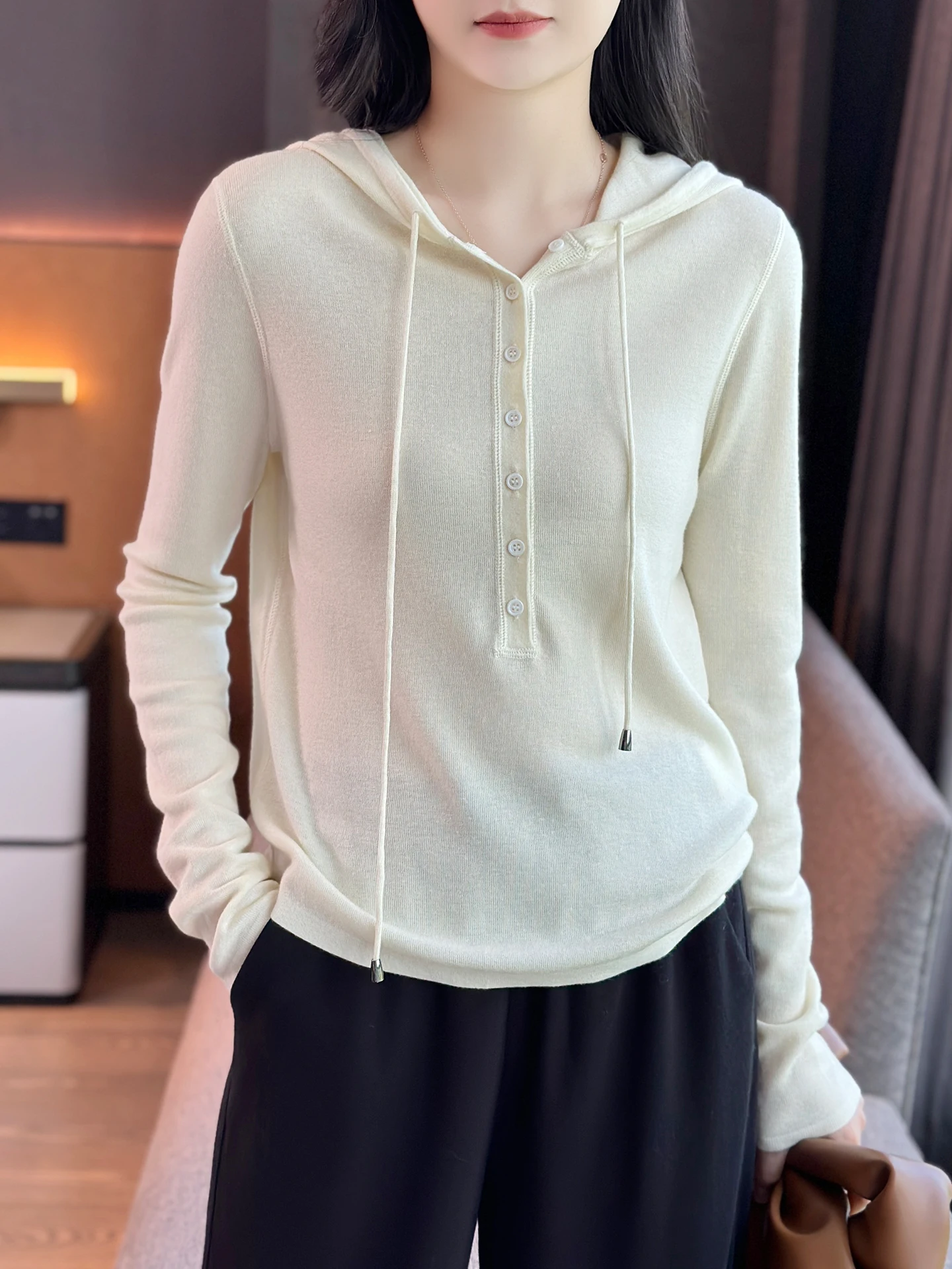 

Zuozhujia Casual Sle Classic f, шелковый шерстяной эластичный облегающий вязаный свитер с капюшоном на пуговицах, женский повседневный теплый свитер