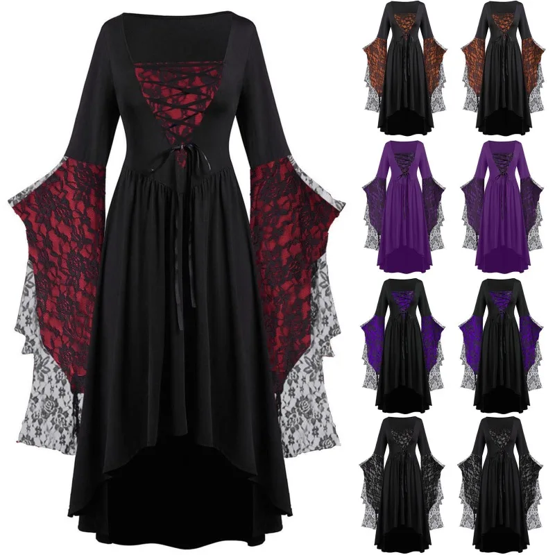 

Vintage Halloween Cosplay Costume Witch Vampire Gothic Dress Ghost Dresses Up Party Printed Medieval Ghost Bride Female Clothes