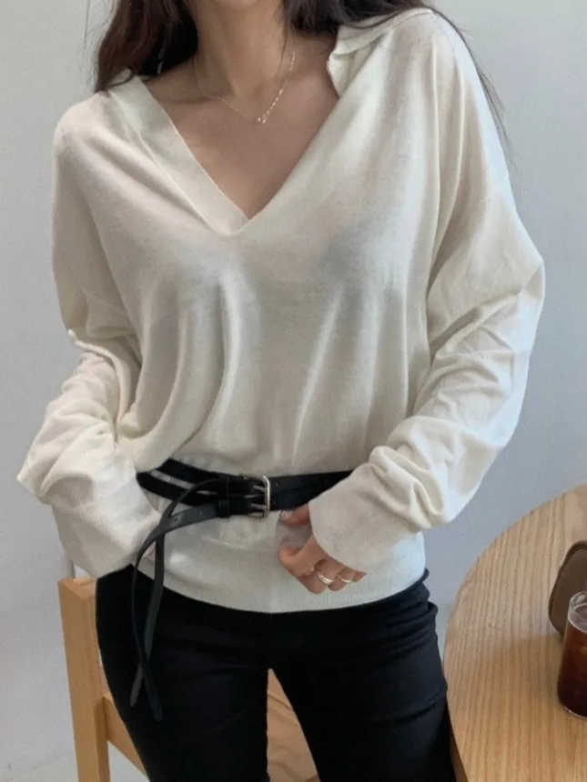 

Korean Sle Long Sve Knitted Sweater Women's Chic Autumn High-End Feelings Overhead Top Gentle Wind Versatile Collar