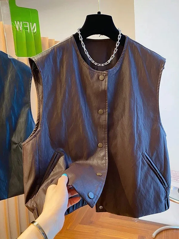 

plus Size Women's Casual PU Leather Vest Jacket Sleeveless Spring Autumn Versatile Fashion Thickened Large Size Outerwear