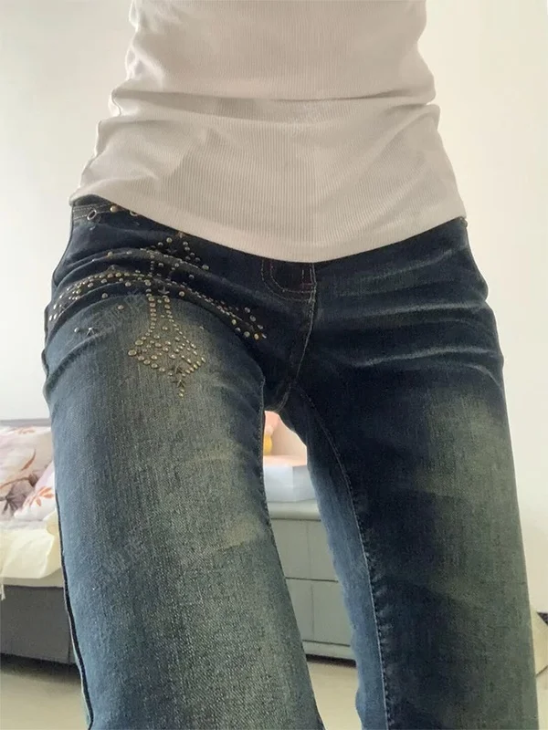 

Retro American Washed Rhinestone Design Bell Bottom Jeans Women Summer Spicy Slimming Long Pants High Waist Zipper Closure