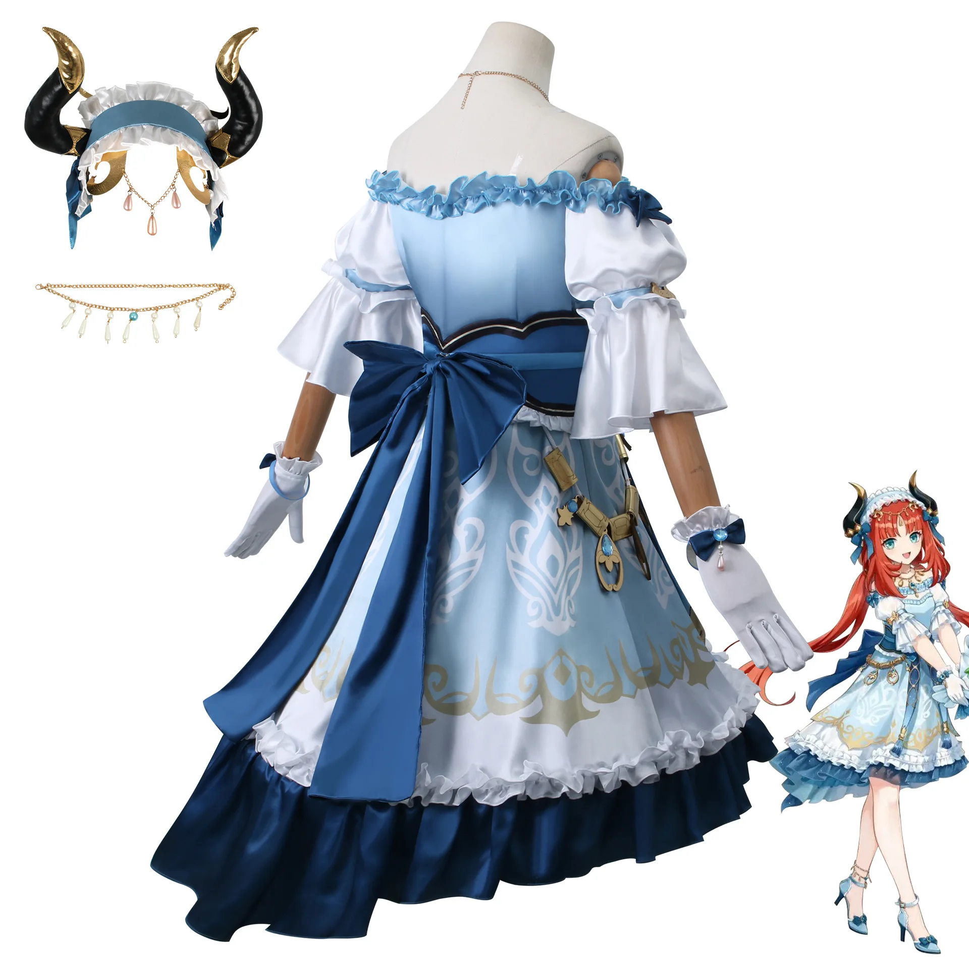 Nilou Cosplay Costume Light Blue  Genshin Impact Nilou Costume Female Fantasy Off-the-Shoulder Dress for Halloween Cosplay