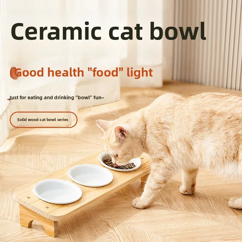 

Cat Bowl Ceramic Protective Cervical Spine Anti-Tumble Cat Food Bowl Solid Wood Cat Water Bowl Pet Supplies