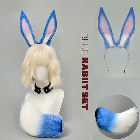 New Handmade Faux Fur Cat Ear Headband Halloween Blue Dream Eternal Role Cosplay Props Handmade Blue  Furry Rabbit Ear Tail Set
