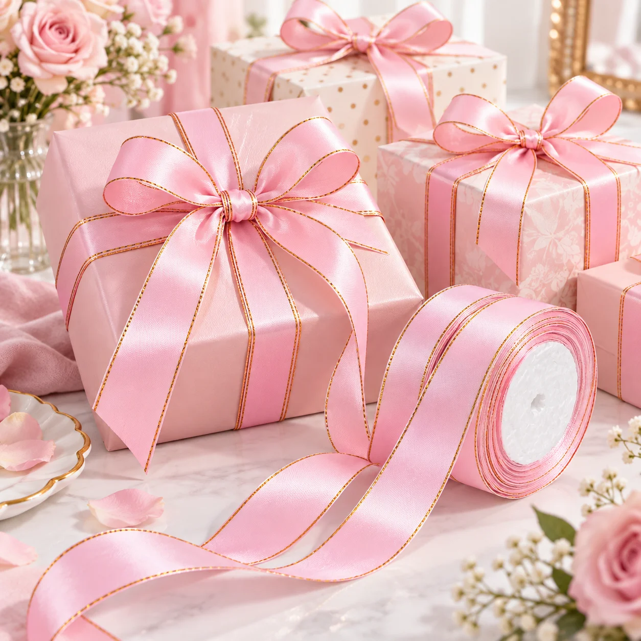 25 Yards,Fabric Ribbon with Gold Edges Border for Gift Wrapping,DIY Crafts,Hair Bows,Baby Shower & Wedding Party Decorations