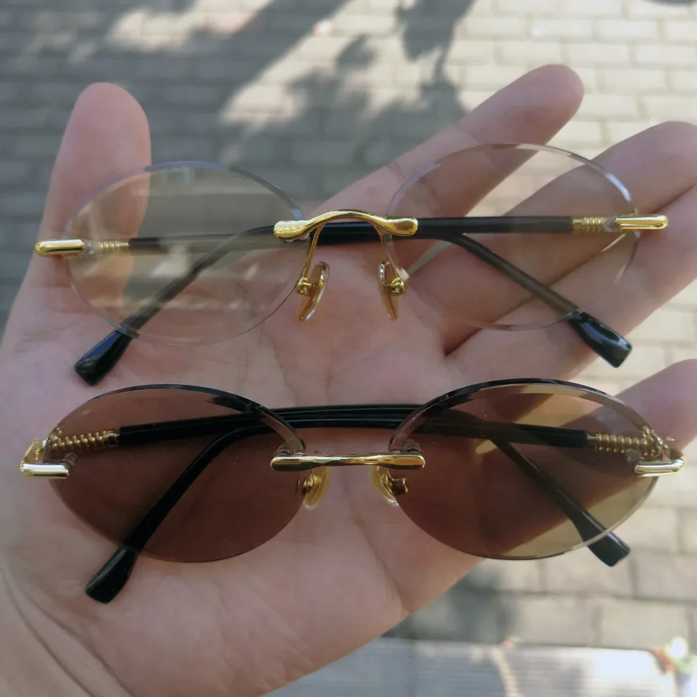 Luxus Randlose Glas Sonnenbrille Männlich Braun Kristall Stein Objektiv Gläser Kleine Oval Vintage Sonnenbrille für Männer Frauen Top Qualität – Detail 2