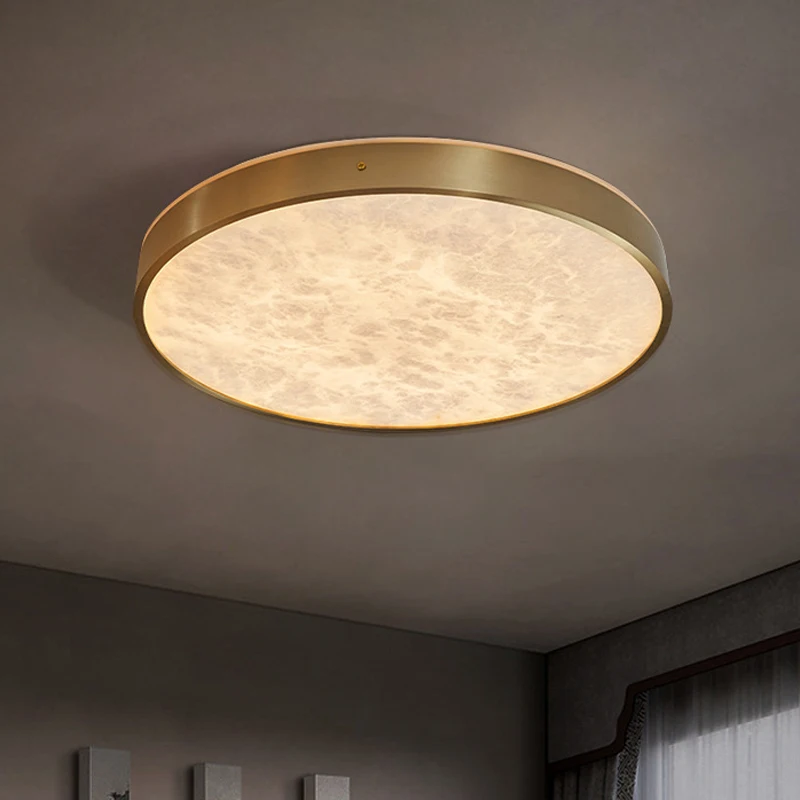 European Luxury Gold Brass Ceiling Light Led Diameter Circular Natural Marble Ceiling Light Bedroom Corridor Lighting Fixture