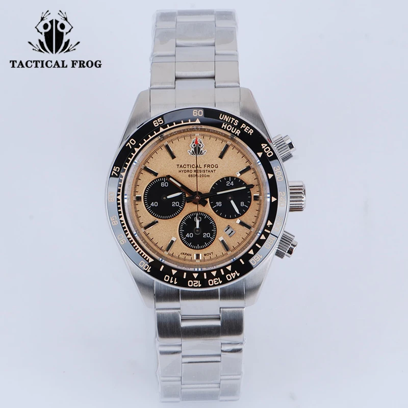 

Tactical Frog New Men Sports Watch 41mm Panda Chronograph Retro Luxury VS75A Solar Quartz Movement Sapphire 20Bar Luminous Clock