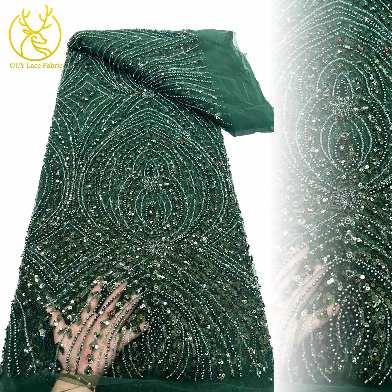 

Olive Green African Beaded Lace Fabric 2025 High Quality French Nigerian Sequin Lace Fabric for Wedding Party Dress Sewing