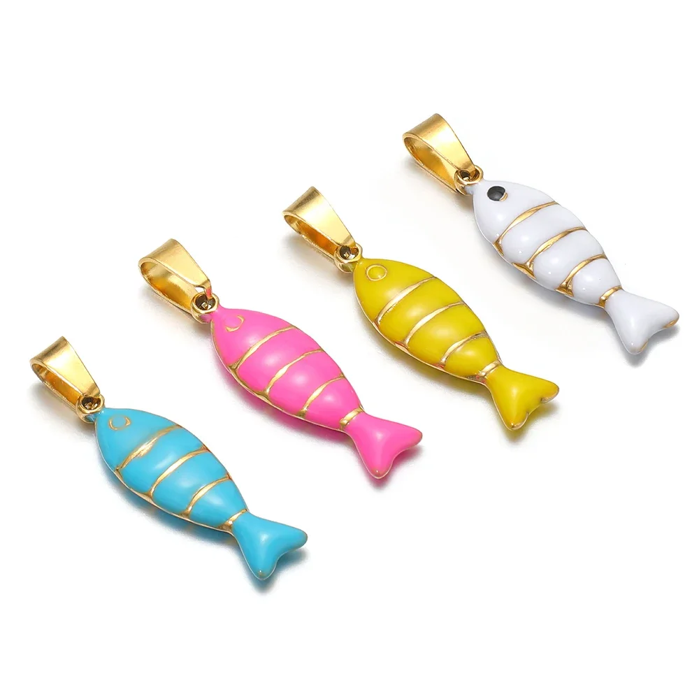 5pcs Stainless Steel Double-sided Enamel Fish Charms Pendants for DIY Fashion Jewelry Making Bracelet Supplies Necklace Findings