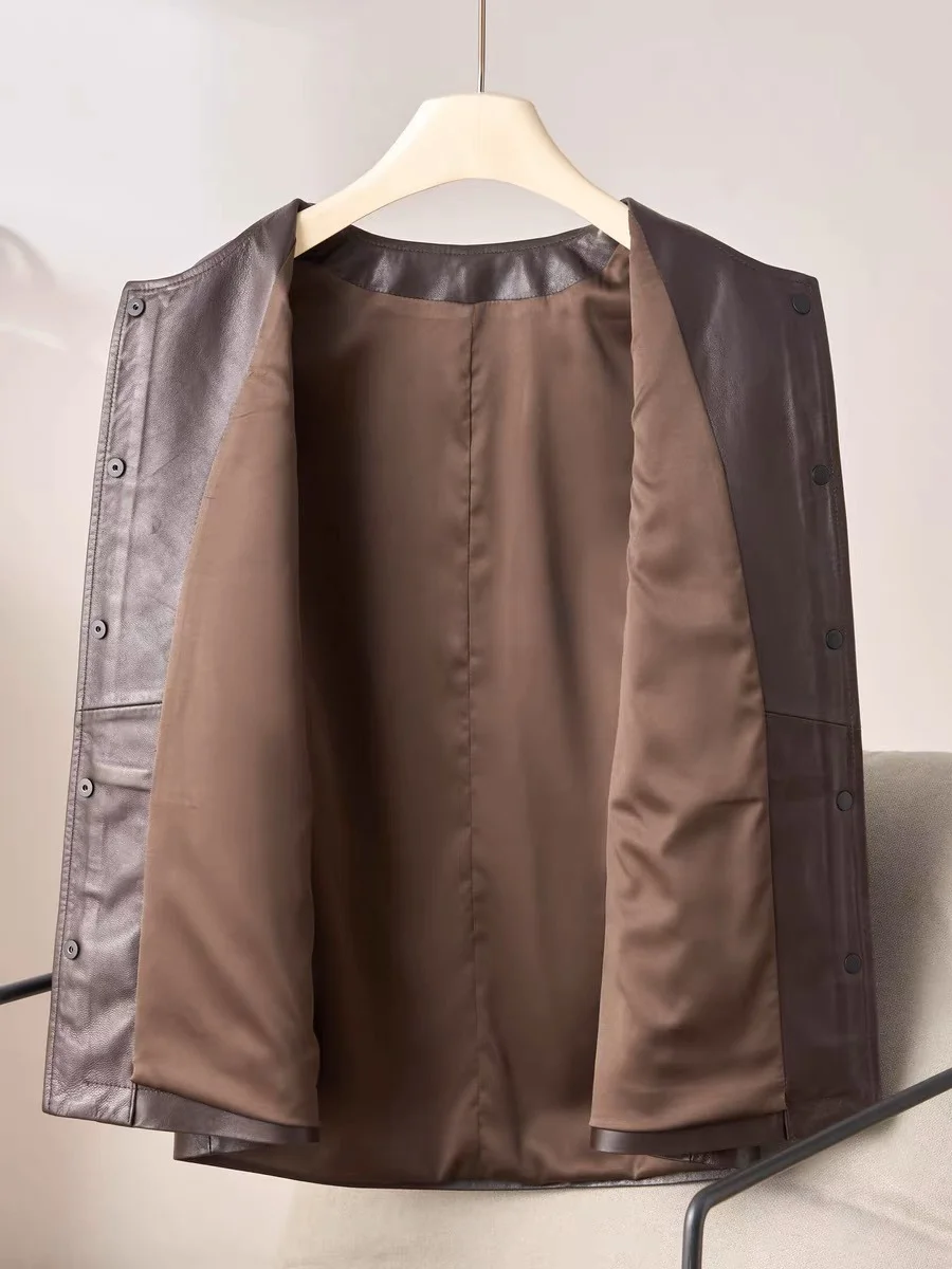 Moda Tasca Sottile Cintura Gilet Donna Femme 100% Pelle Nero Borgogna Gilet Mujer Maglione Manteau Giacca senza maniche