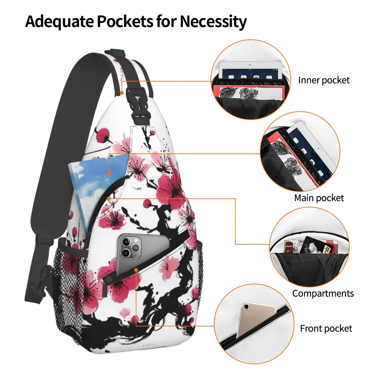 Sakura Tree Cherry Blossom Floral Flower Chest Bag Men Sling Crossbody Backpack Chest Bag Traveling Hiking Daypack Shoulder Bag