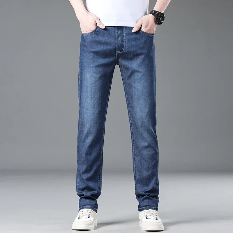 Men's Summer Thin Lyocell Jeans Soft Stretch Slim Straight Leg Denim Trousers Business Korean Fashion Elastic Casual Pants
