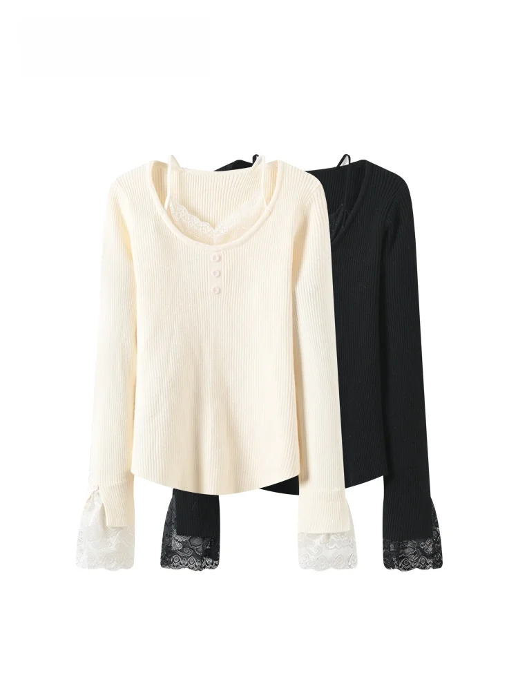 

CaraCLUB plus Size Long Sve Knitted Lace Patchwork Women's Winter Faion Top Ele Sle Polyester Fiber round Ne