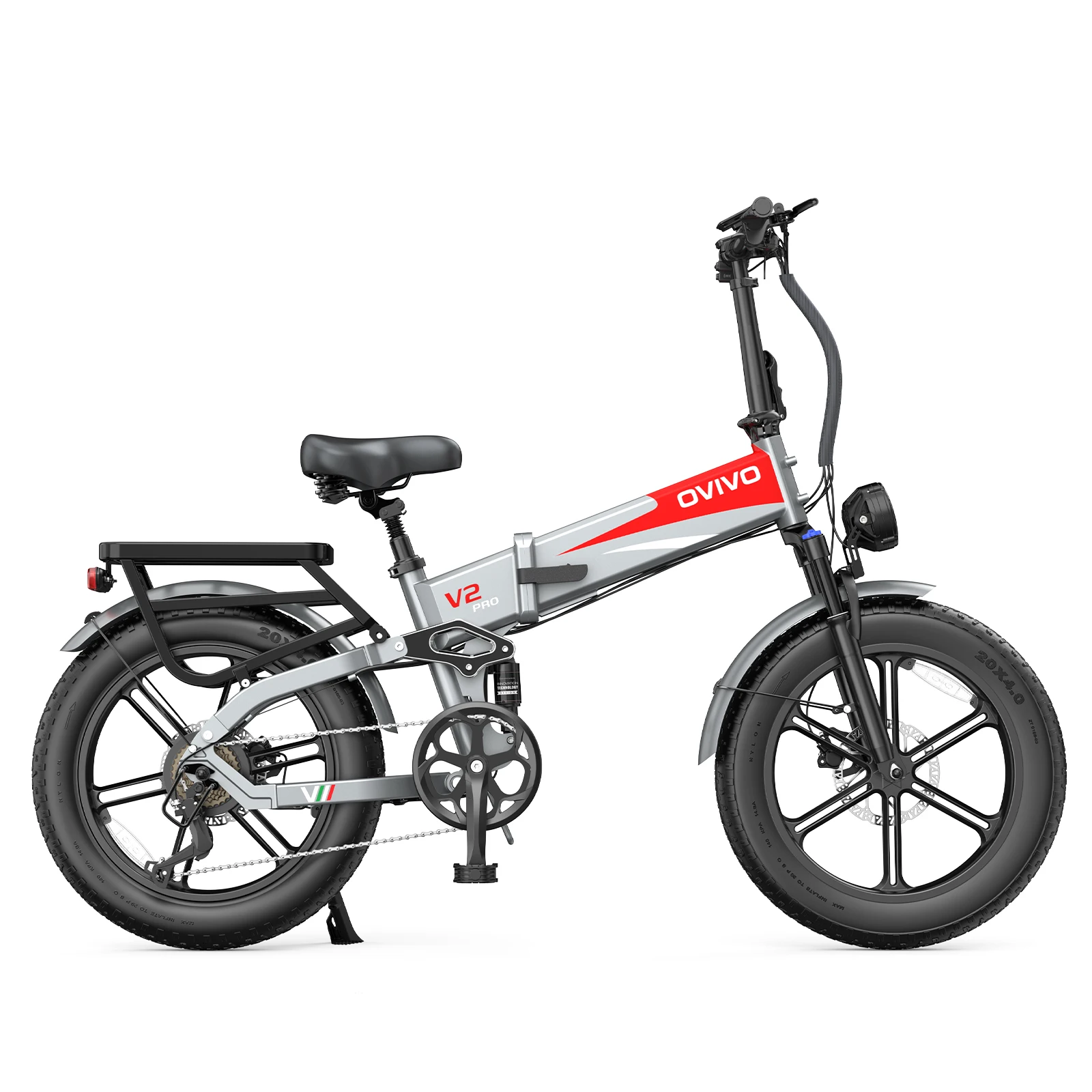 Bicicletta elettrica pieghevole OVIVO V2-PRO 2.0, autonomia fino a 130 km, pneumatici larghi 20"×4.0", motore da 250 W, coppia di 80 Nm, batteria da 48 V 20 Ah 864 Wh, 8 velocità, freni a disco
