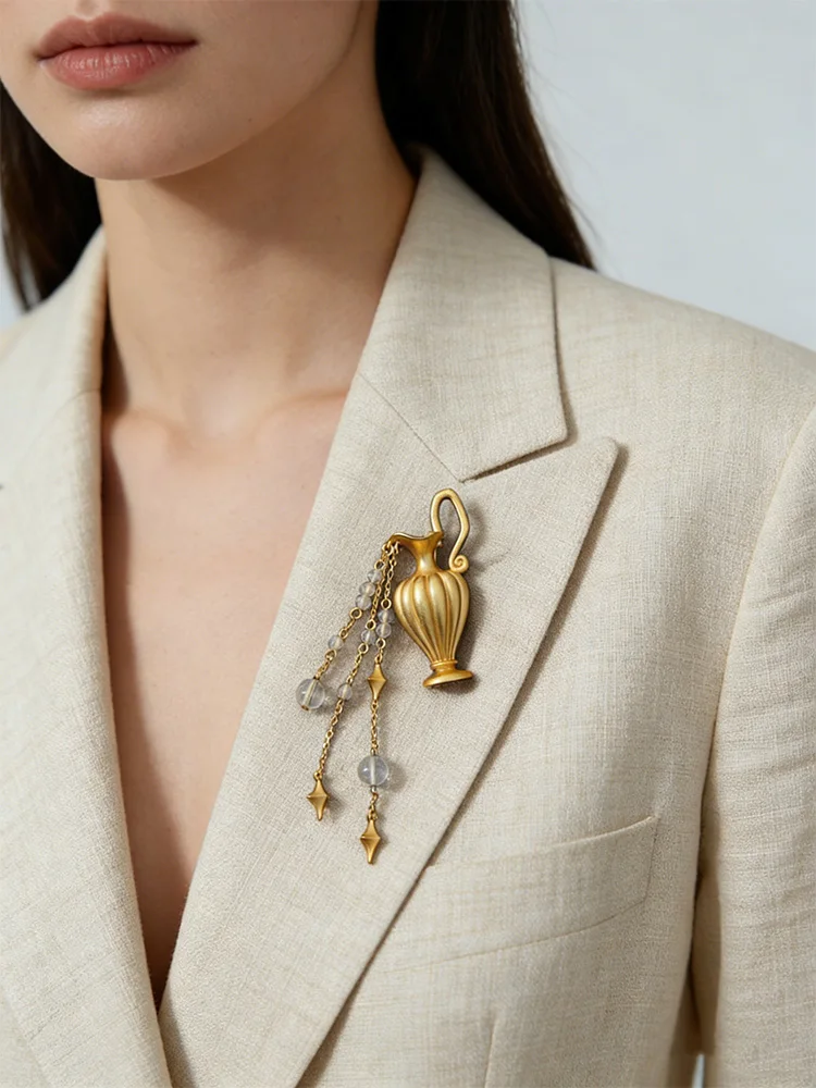 Timeless Copper Amphora Brooch, Chic Jewelry Accessories For Men And Women, Detailed Fluted Body, Shimmering Crystal Tassel Drop
