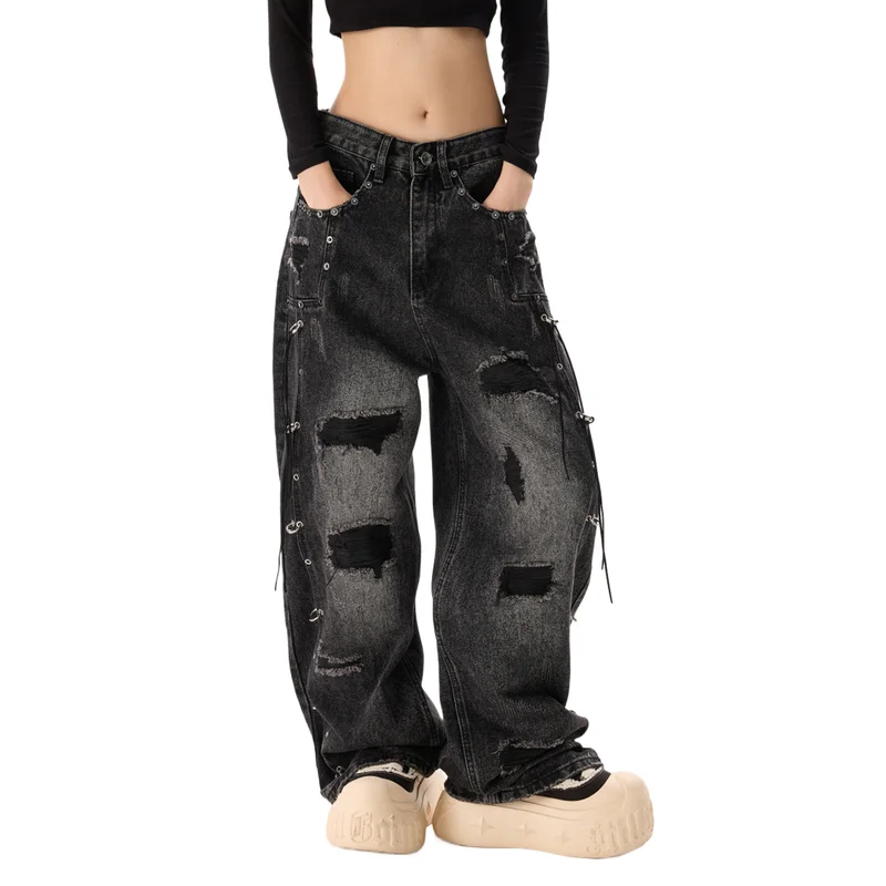 

Men's Fashion High Street Ripped Jeans Pants Streetwear Loose Fit Vibe Style Hip Hop Denim Trousers Wide Leg Distressed Baggy