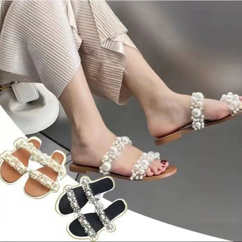 Bohemian Sandals Women Slippers Sexy Transparent Band Flat Pearl Versatile Outdoor Flip-flops Beach Shoe Женские тапочки