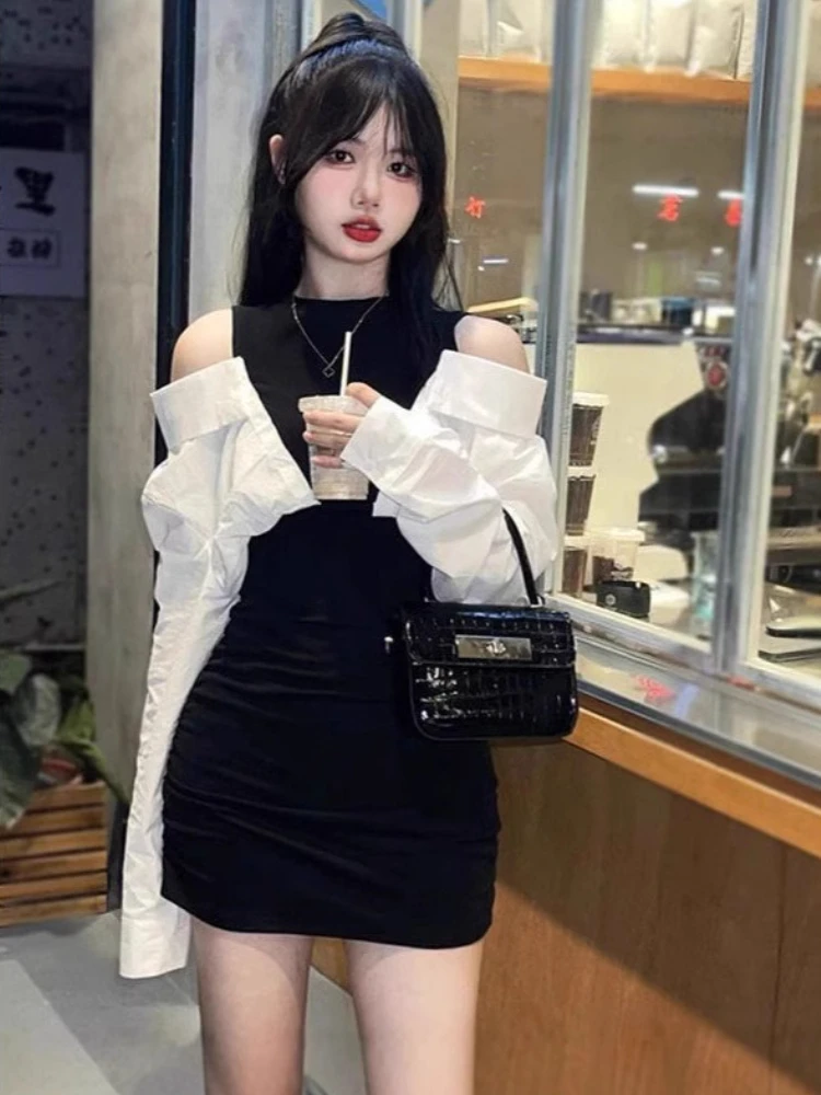 Franse nep tweedelige jurk zwart wit ronde hals off-shoulder bodycon mini-jurk zoet pittig sexy afslankende taille tienerstijl