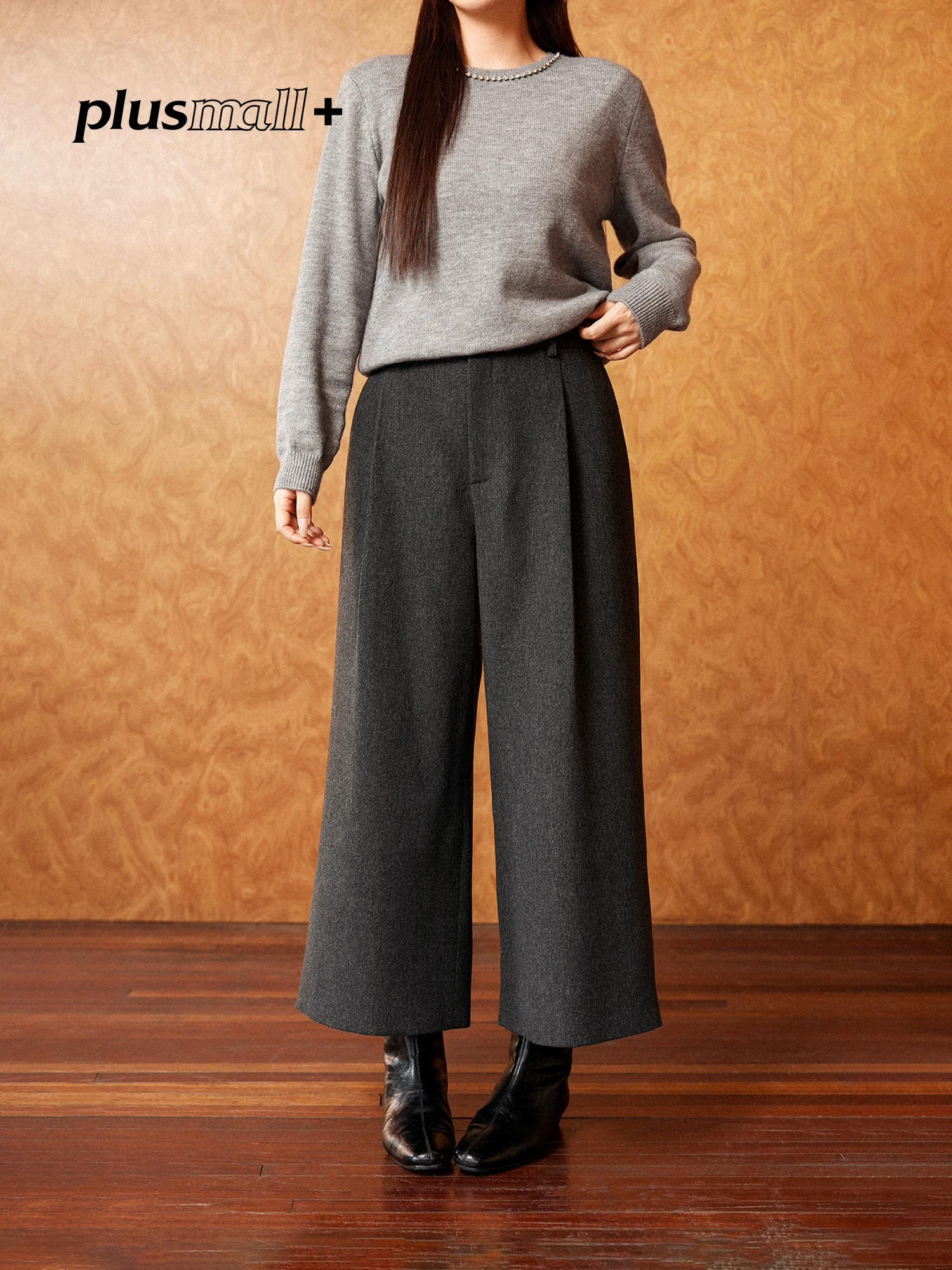 

Шерстяные брюки Plusmall Commuter Superior Simple с широкими штанинами, укороченные, женские, зимние, новые, повседневные, с высокой талией