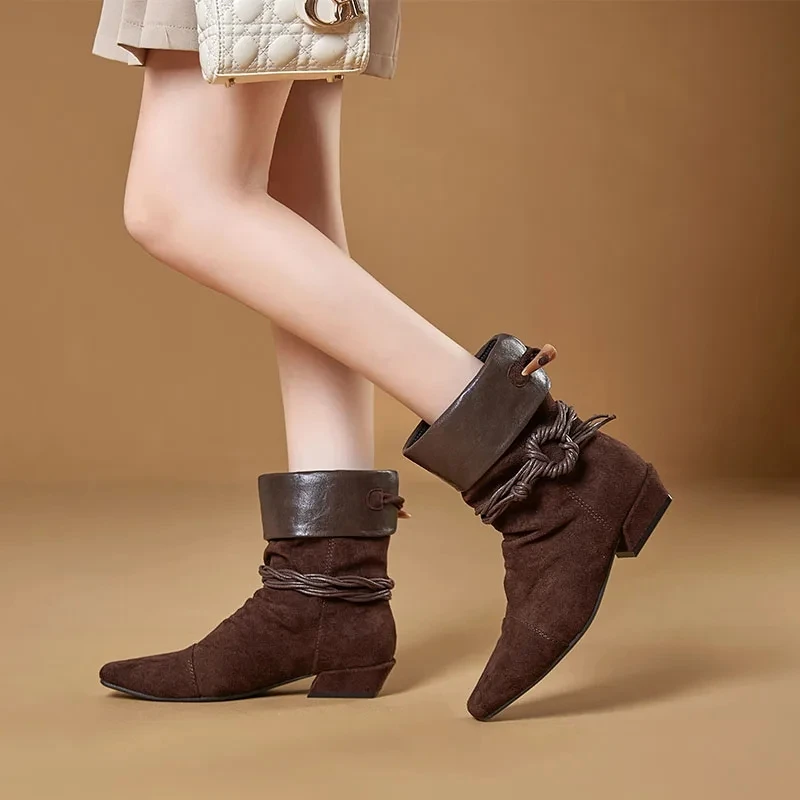 الرجعية الجلود مطوية الأحذية الغربية المرأة الخريف الشتاء اتجاهين ارتداء أشار تو كعب رقيقة تنورة متوهج الأحذية #5