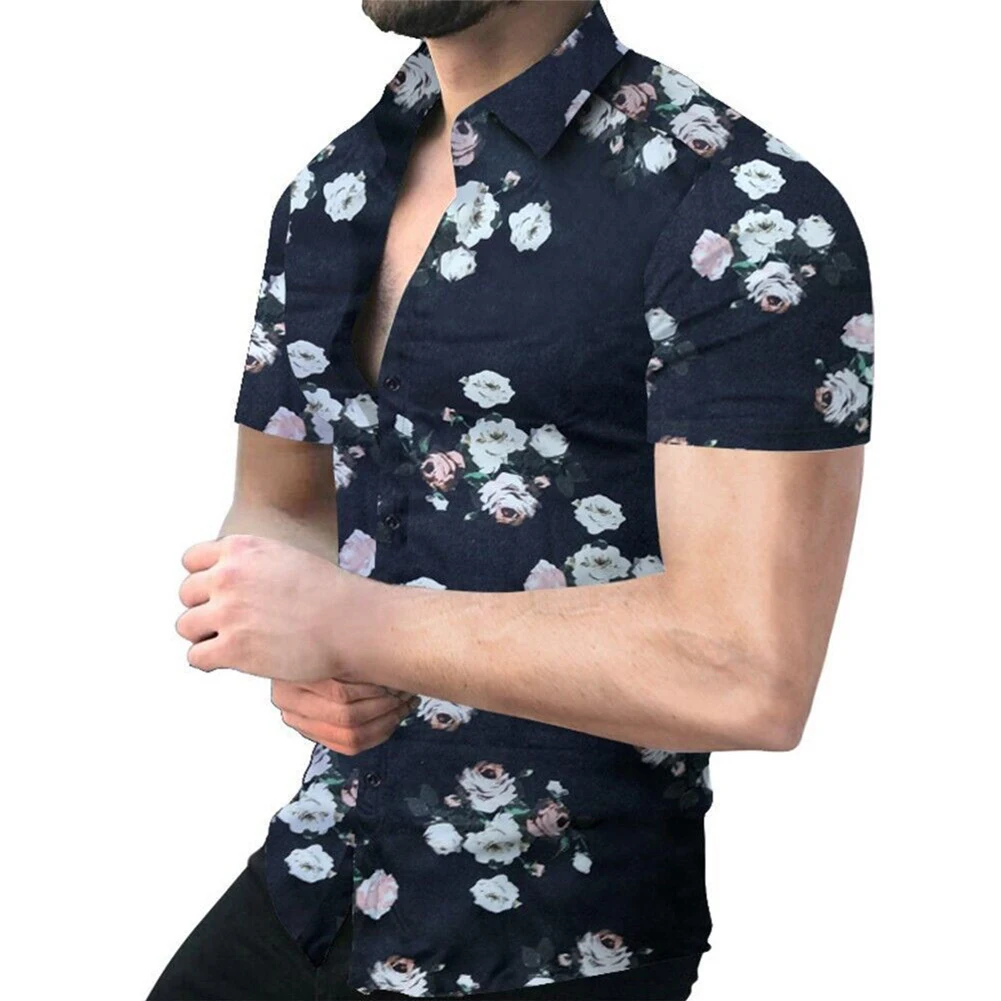 Chemise à Manches Courtes pour Homme, Tenue de Soirée en Polyester, Imprimé Régulier, Coupe Cintrée, Col Boutonné, Été