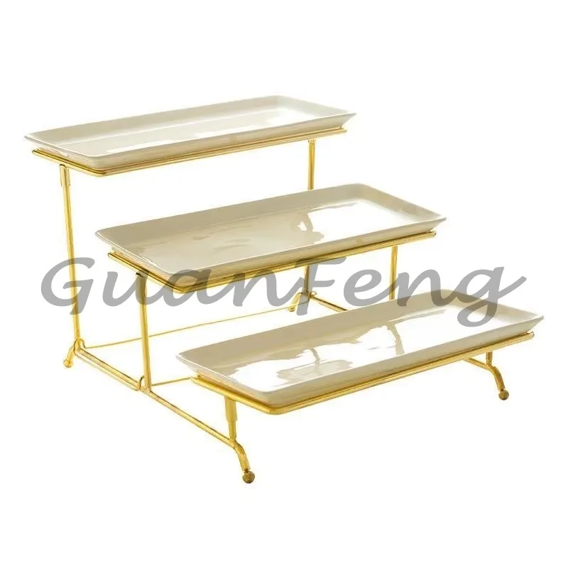 3-Layer ceramic tray for party plates, for trays, with gold metal display stand for veggie and fruit biscuit desserts