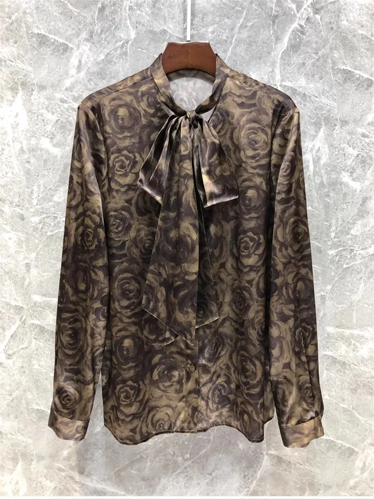 

Luxury Silk Shirts 2024 Spring Fashion Designer Blouses Women Bow Collar Rose Flower Prints Long Sleeve Elegant Vintage Shirts