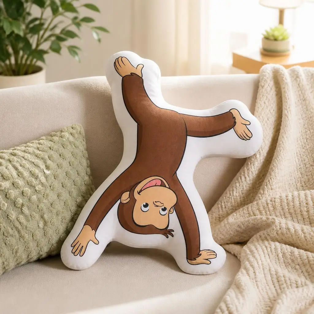 Curious George Monkey Handstand Gymnastics Cartoon Plush Pillow Cushion Irregular Stuffed Throw Pillow Home Decor Gift Sofa Bed