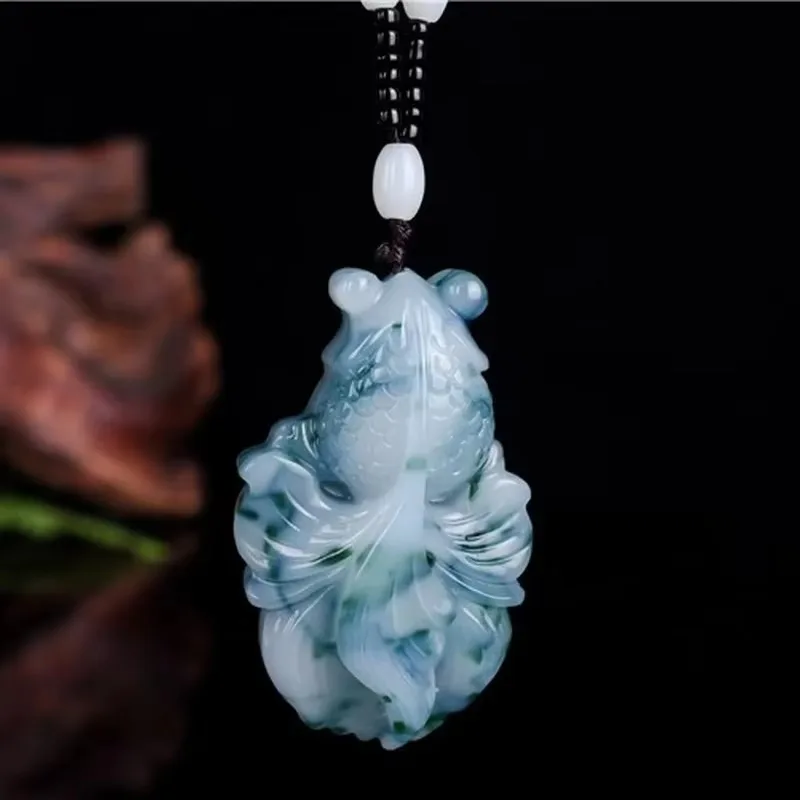 Chinese Jade Light Blue Hand Carved Goldfish Pendant Fashion Boutique Jewelry Men's and Women's Fish Necklace Gift