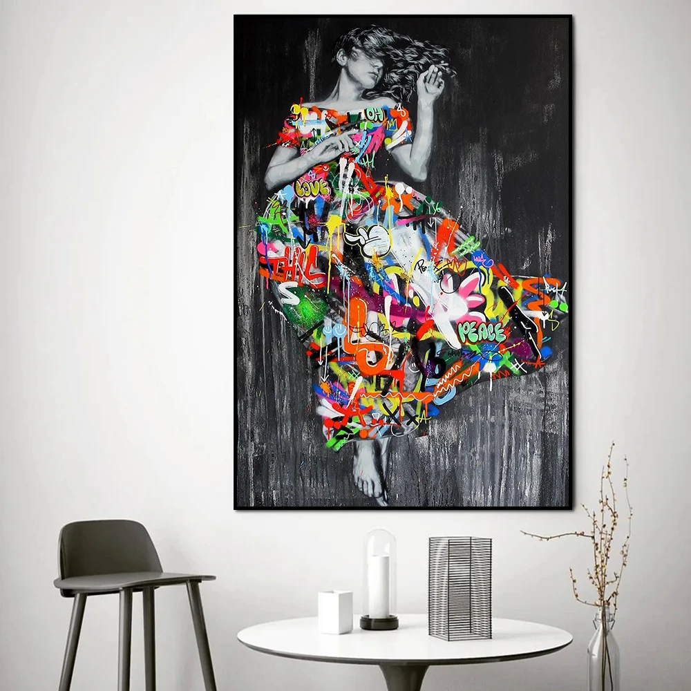 

Graffiti Dress Girl Poster, Modern Fashion Pop Picture, Abstract Wall Art Canvas Painting Print, Living Room Bedroom Home Decor