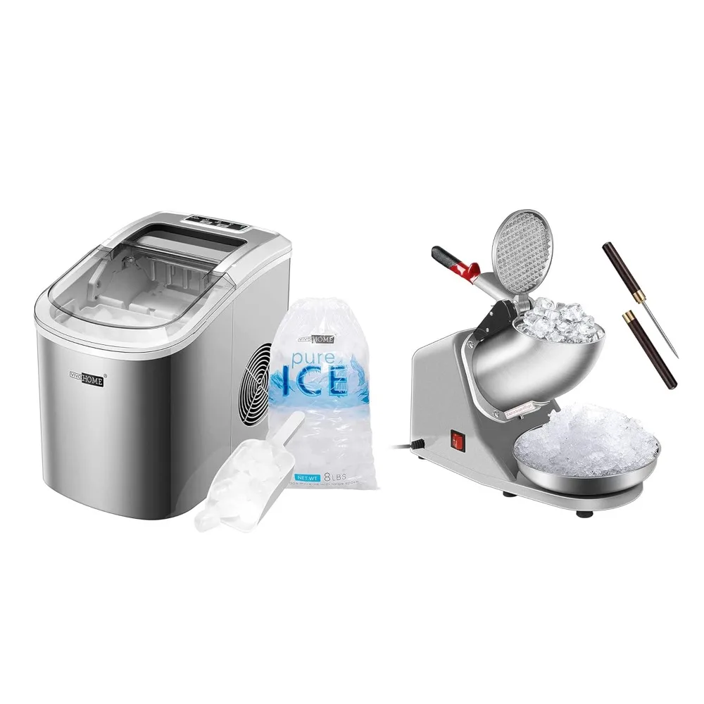 HAOYUNMA  Electric Portable Compact Countertop Automatic Ice Cube Maker Silver with Electric Ice Shaver Snow Cone Maker